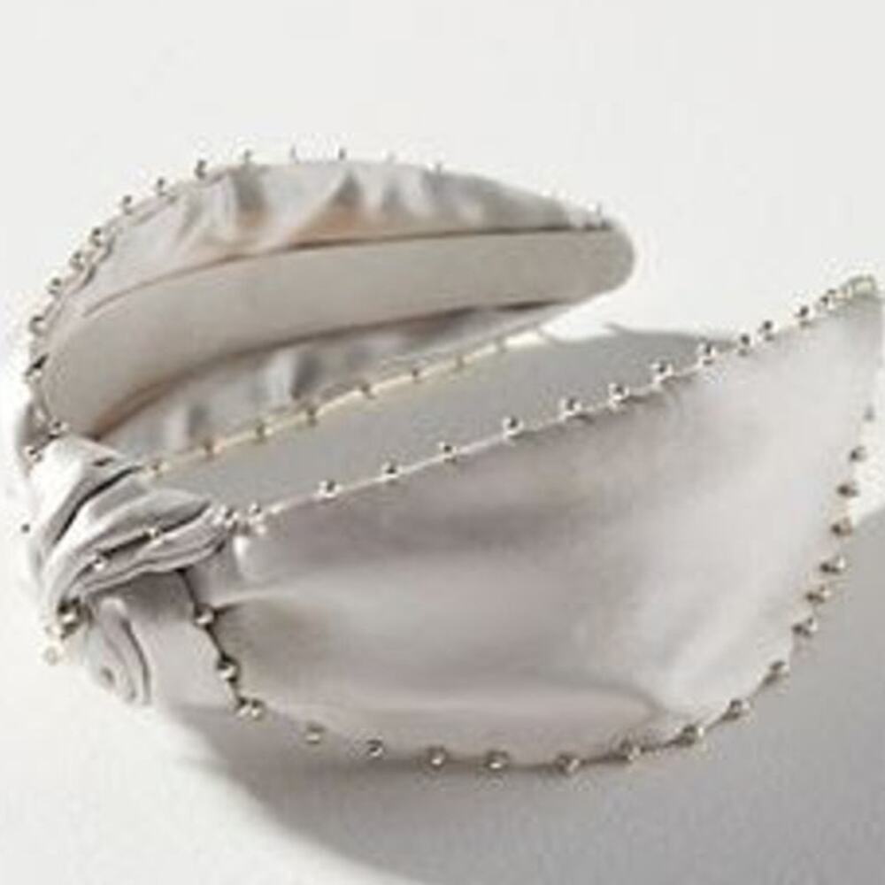 EVERLY x ATHRO Satin Studded Metallic Pearl Top Knot Wide Headband in Slate Gray